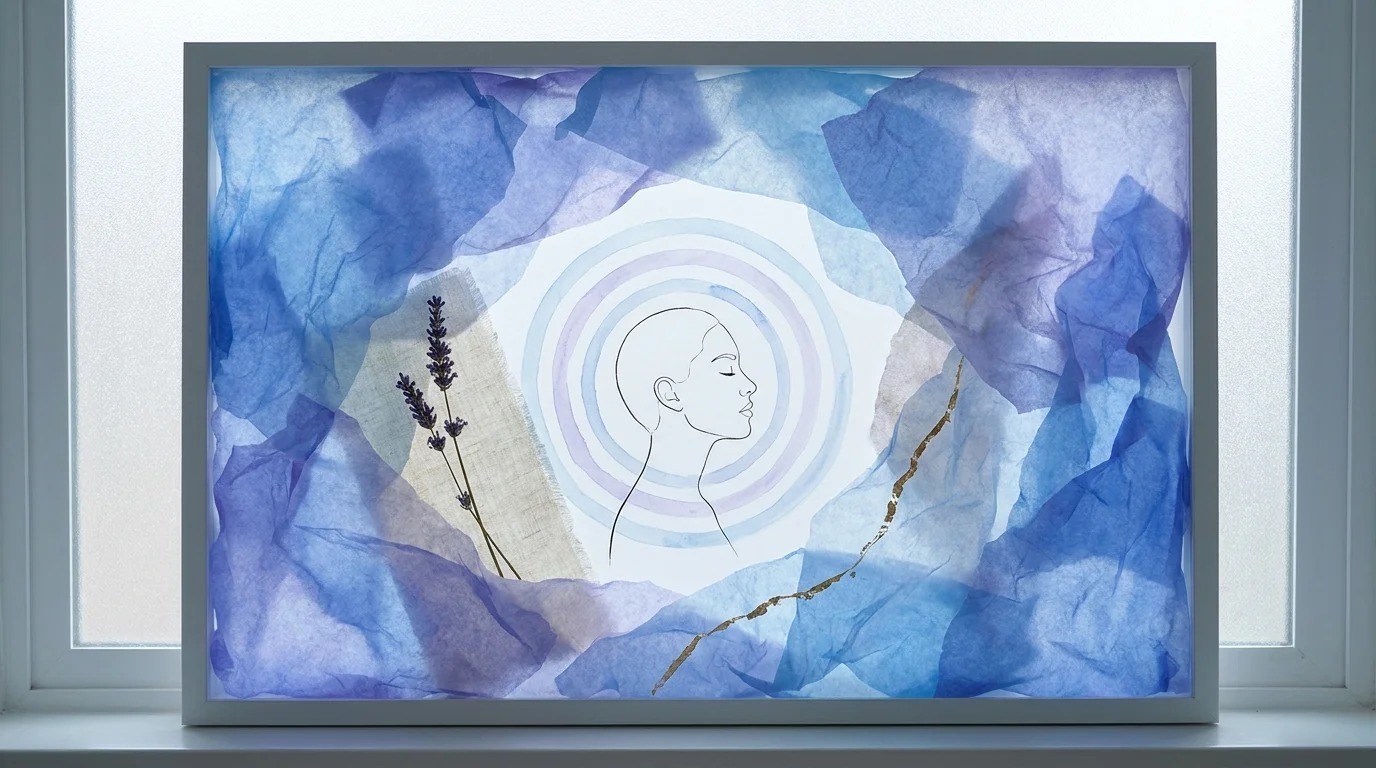 A calm mixed-media piece with blue watercolor ripples and a meditative profile, symbolizing emotional health.