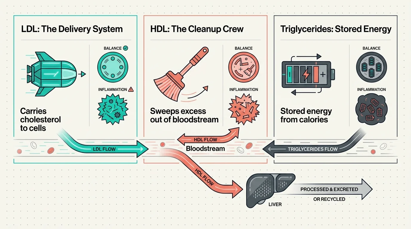 A clear diagram explaining the roles of LDL as a delivery system, HDL as a cleanup crew, and triglycerides as energy.