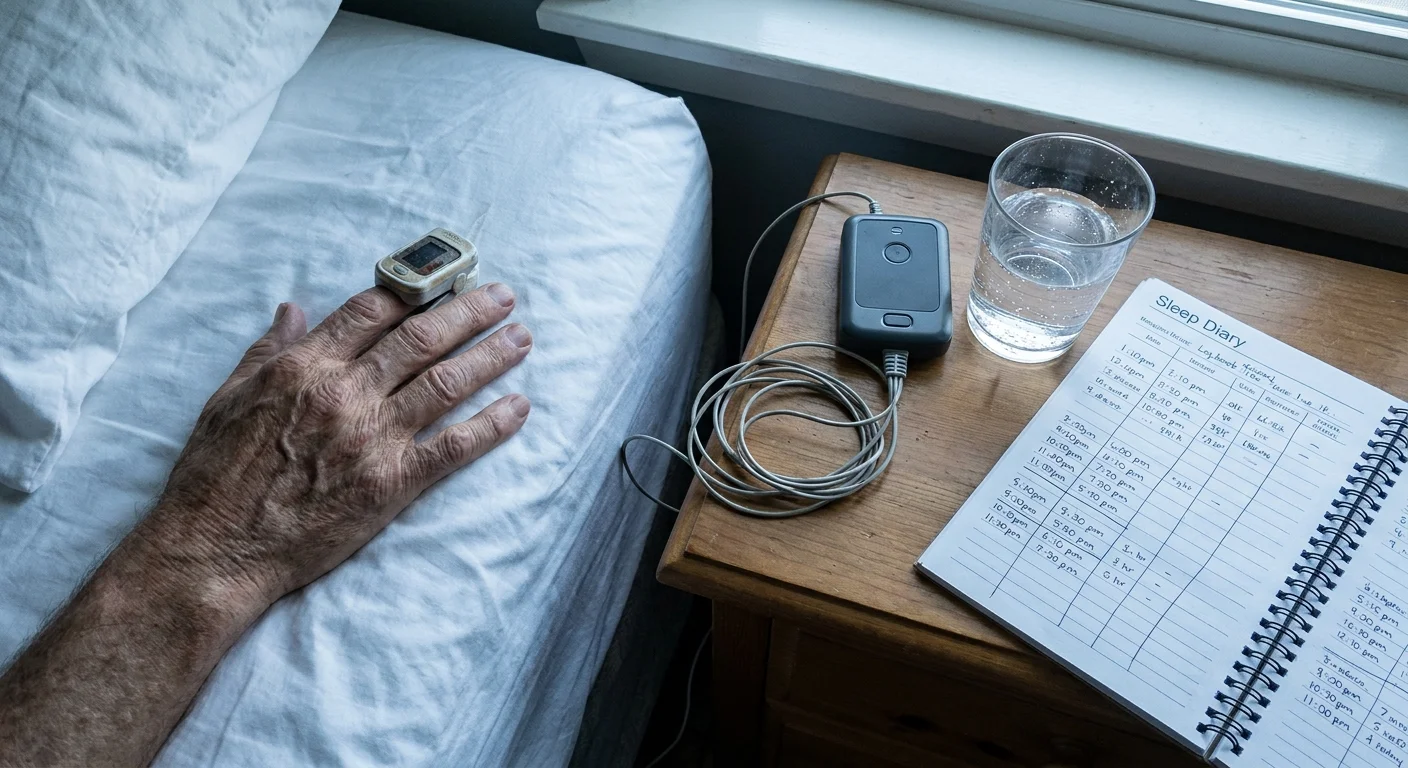 A close-up photo of a senior's hand wearing a pulse oximeter next to a sleep diary on a bedside table.