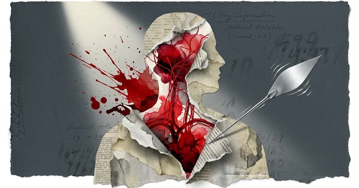 A conceptual mixed media art piece showing a calm paper silhouette being torn away to reveal a high-pressure network of red threads and ink.