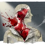 A conceptual mixed media art piece showing a calm paper silhouette being torn away to reveal a high-pressure network of red threads and ink.