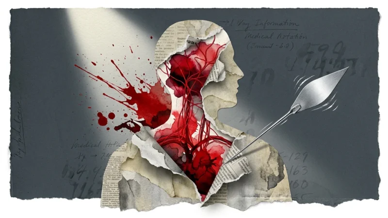 A conceptual mixed media art piece showing a calm paper silhouette being torn away to reveal a high-pressure network of red threads and ink.