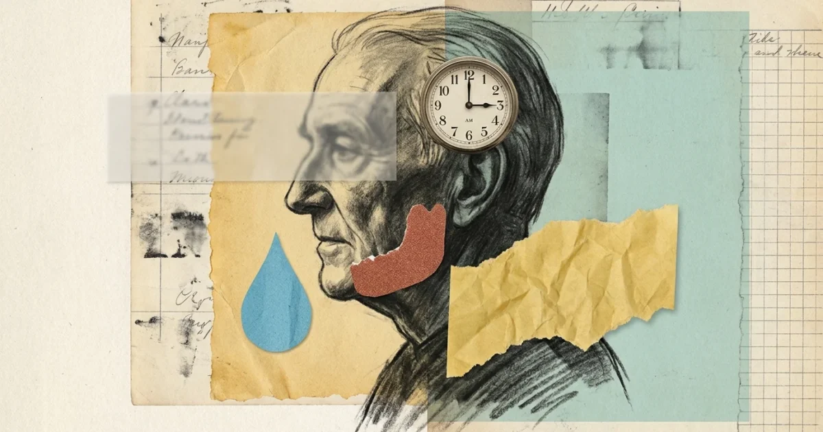 A conceptual mixed media collage featuring a senior's silhouette and symbolic icons like a water drop and a night clock.