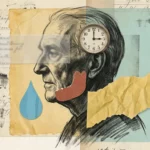 A conceptual mixed media collage featuring a senior's silhouette and symbolic icons like a water drop and a night clock.