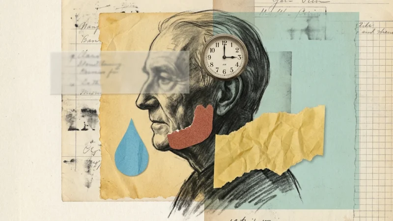 A conceptual mixed media collage featuring a senior's silhouette and symbolic icons like a water drop and a night clock.