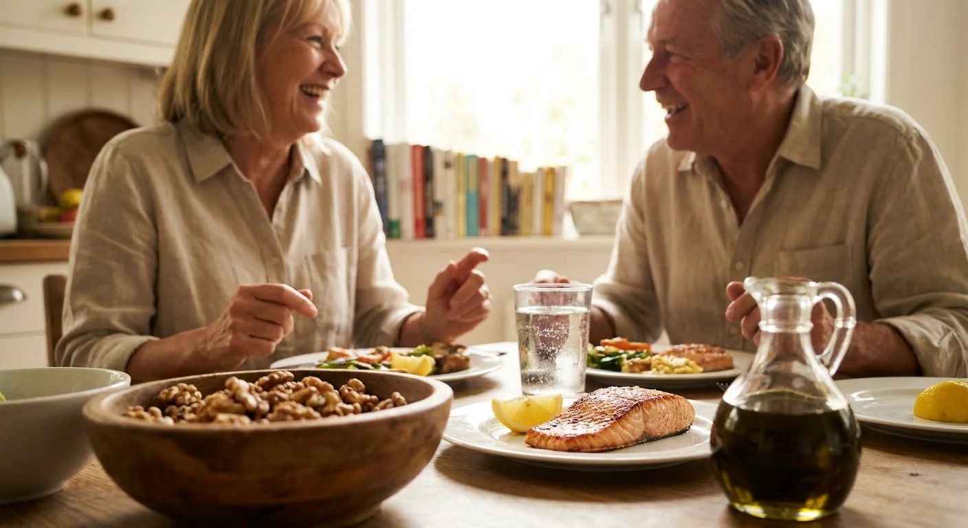 A couple in their 60s share a healthy meal of salmon and walnuts, illustrating the link between community and health.