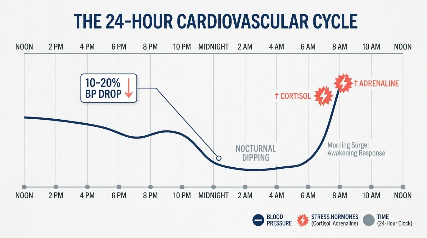 A data visualization showing the 10 to 20 percent drop in blood pressure during sleep known as nocturnal dipping.