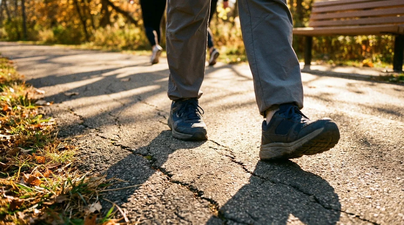 A low-angle shot of a senior's legs and walking shoes in motion on a sun-dappled park path during a sunset walk.
