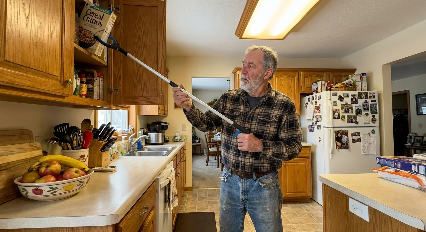 A man in a kitchen uses a long-handled reacher tool to grab a box from a high shelf, showing a practical way to manage arthritis.