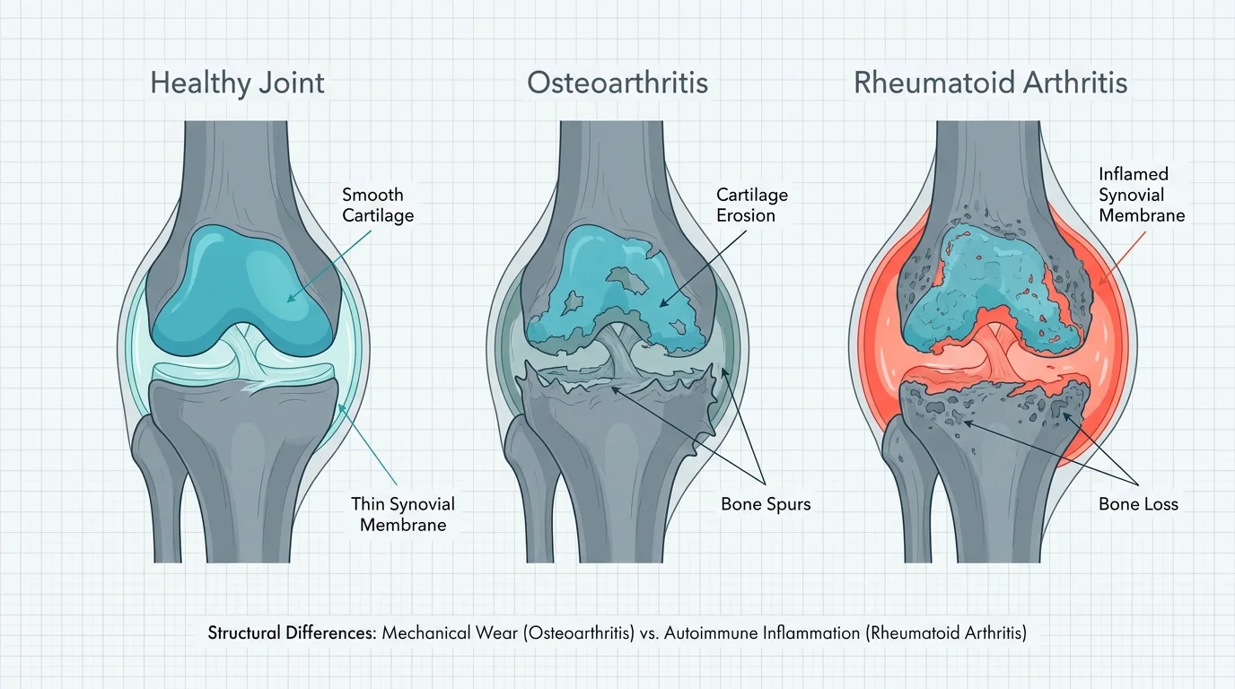 A medical diagram comparing a healthy knee joint to one with osteoarthritis and one with rheumatoid arthritis, with clear labels.
