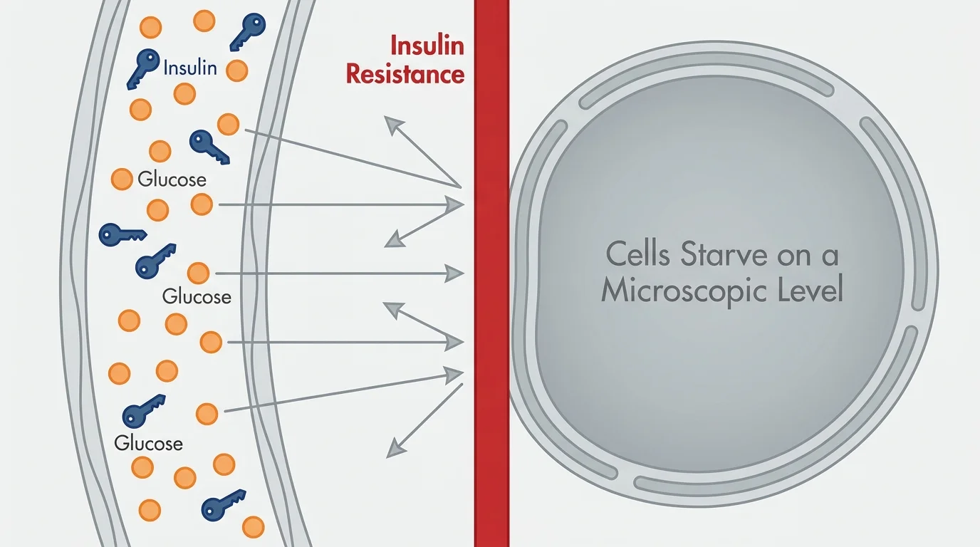 A medical diagram showing glucose blocked by insulin resistance from entering a cell, labeled 'Cellular Energy Crisis'.