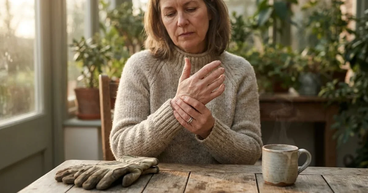 A middle-aged woman in a sunlit room gently massages her hand next to gardening gloves, illustrating the early signs of joint pain.
