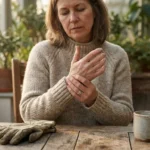 A middle-aged woman in a sunlit room gently massages her hand next to gardening gloves, illustrating the early signs of joint pain.