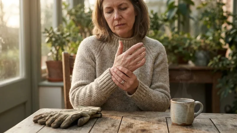 A middle-aged woman in a sunlit room gently massages her hand next to gardening gloves, illustrating the early signs of joint pain.