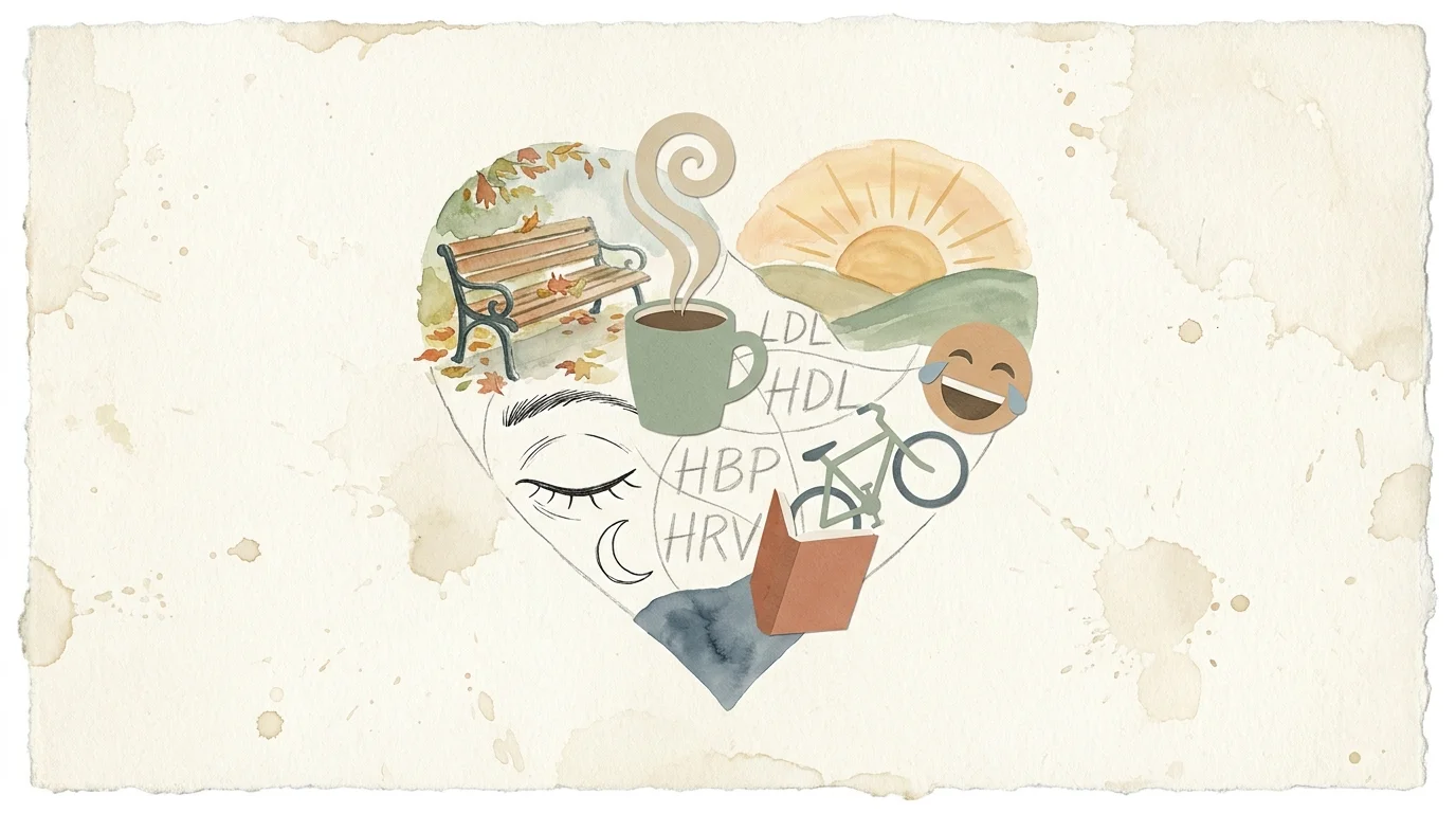 A mixed-media collage of a heart filled with life scenes like a sunrise and coffee, representing holistic health.