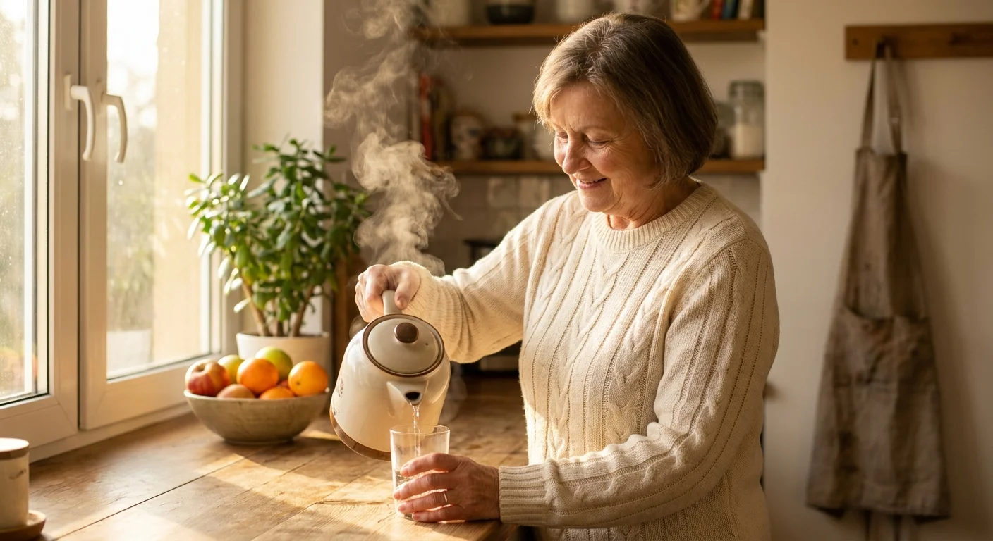 A senior woman in a sunlit kitchen, looking refreshed and healthy while pouring a glass of water.