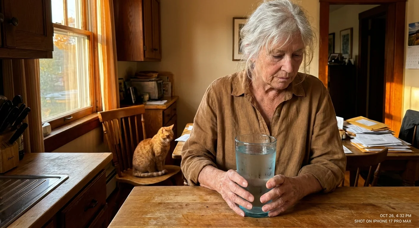 A senior woman in her sunlit kitchen looking intently at a large glass of water, illustrating persistent thirst.