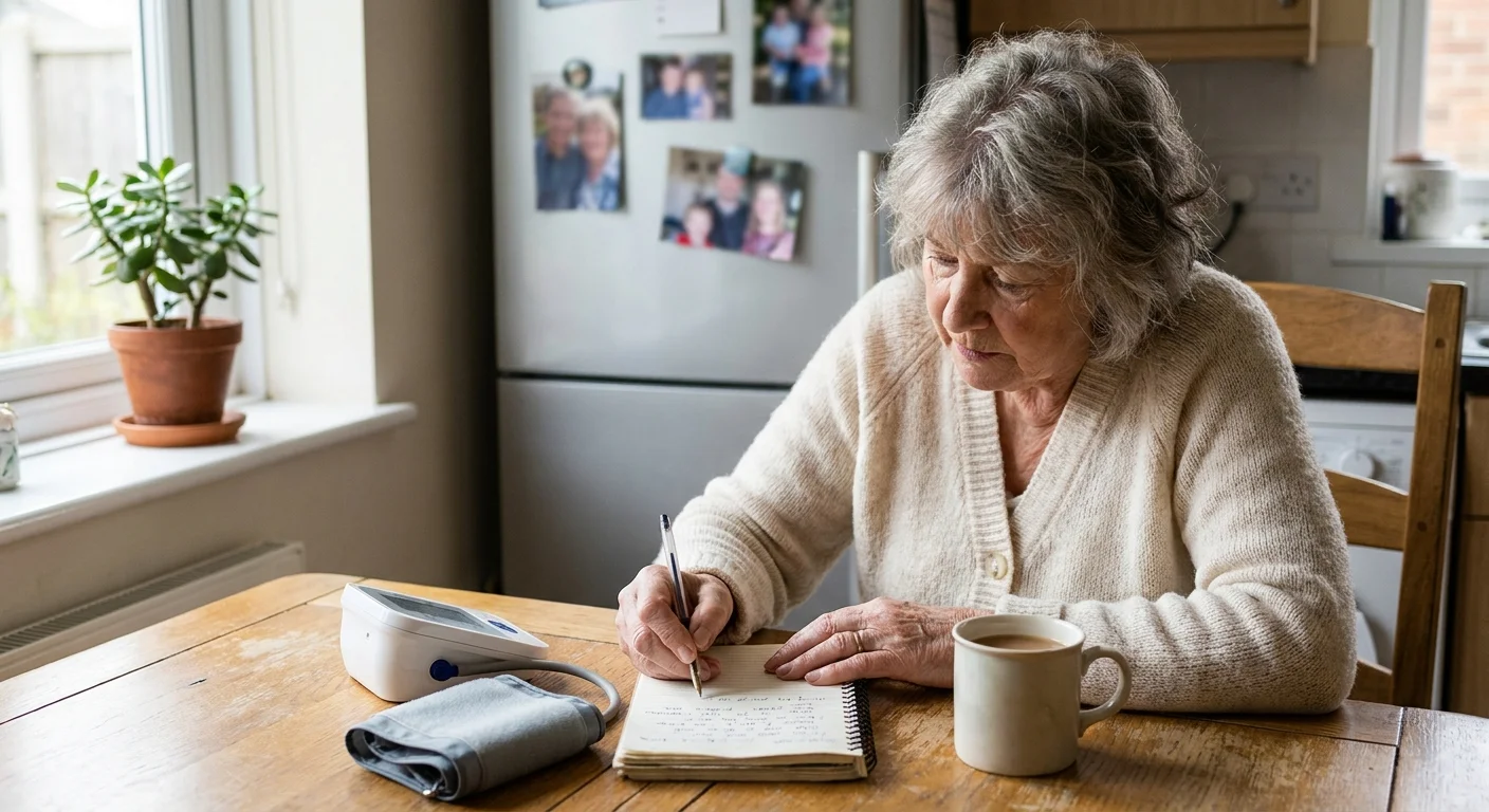 A senior woman sitting at her kitchen table, carefully writing her blood pressure readings into a notebook next to a digital monitor.