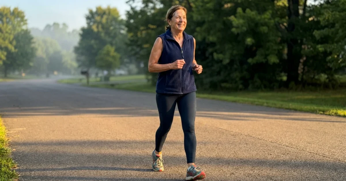 A woman in her 60s enjoys an energetic morning walk on a sunlit trail, personifying health and vitality.