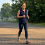 A woman in her 60s enjoys an energetic morning walk on a sunlit trail, personifying health and vitality.