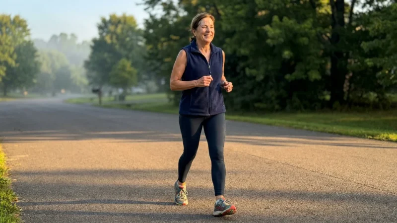 A woman in her 60s enjoys an energetic morning walk on a sunlit trail, personifying health and vitality.