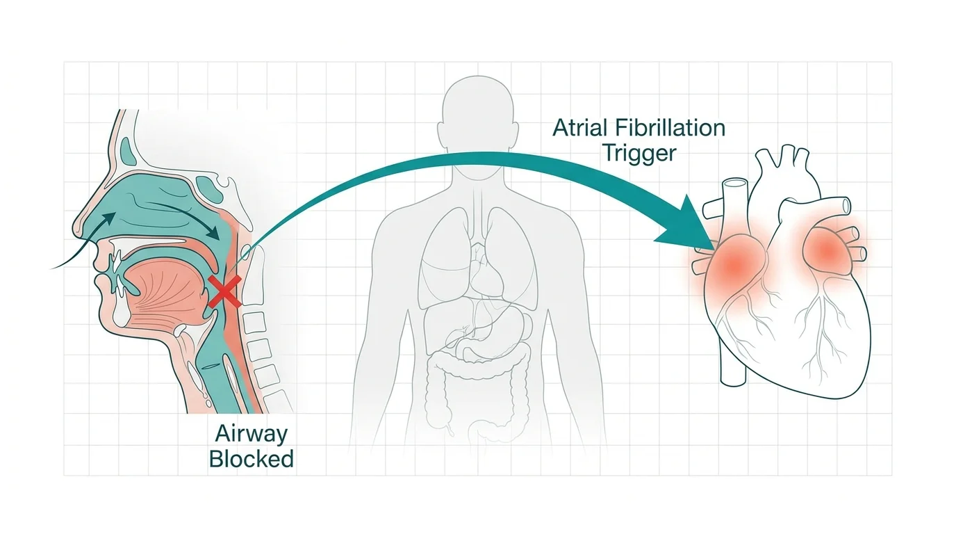 An anatomical diagram showing how a blocked airway during sleep acts as a trigger for atrial fibrillation in the heart.