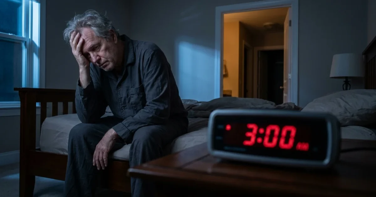 An exhausted senior man sitting on the edge of his bed in a dark room at night, illustrating the struggle with chronic sleep disruptions.
