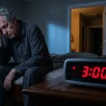 An exhausted senior man sitting on the edge of his bed in a dark room at night, illustrating the struggle with chronic sleep disruptions.
