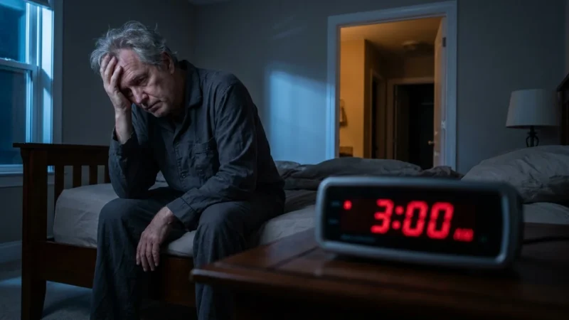 An exhausted senior man sitting on the edge of his bed in a dark room at night, illustrating the struggle with chronic sleep disruptions.