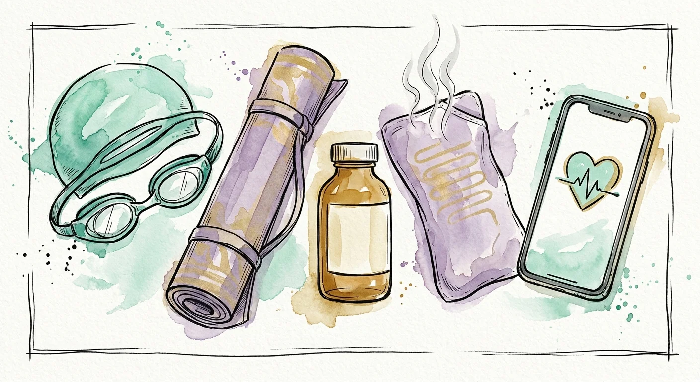 An illustrated collection of treatment tools including swim gear, a yoga mat, a heating pad, and a medicine bottle.
