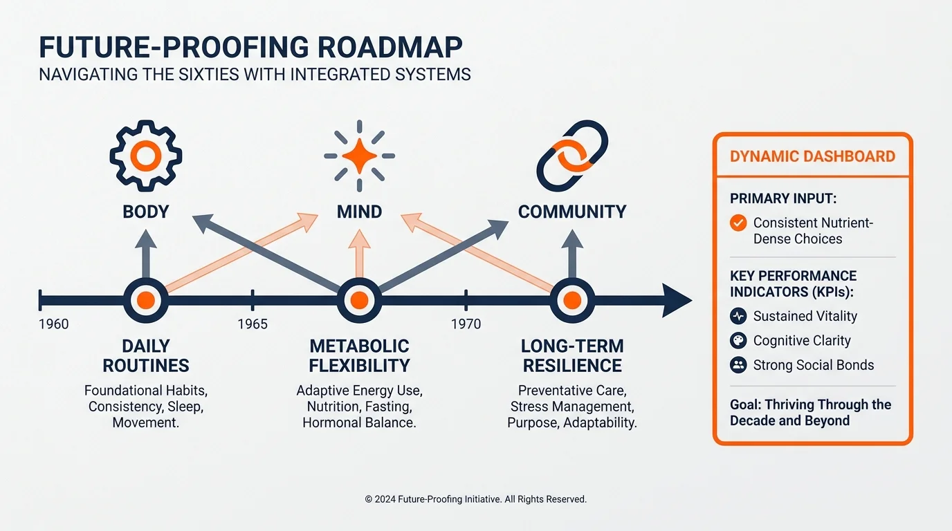 An infographic roadmap showing the path to long-term resilience through body, mind, and community planning.