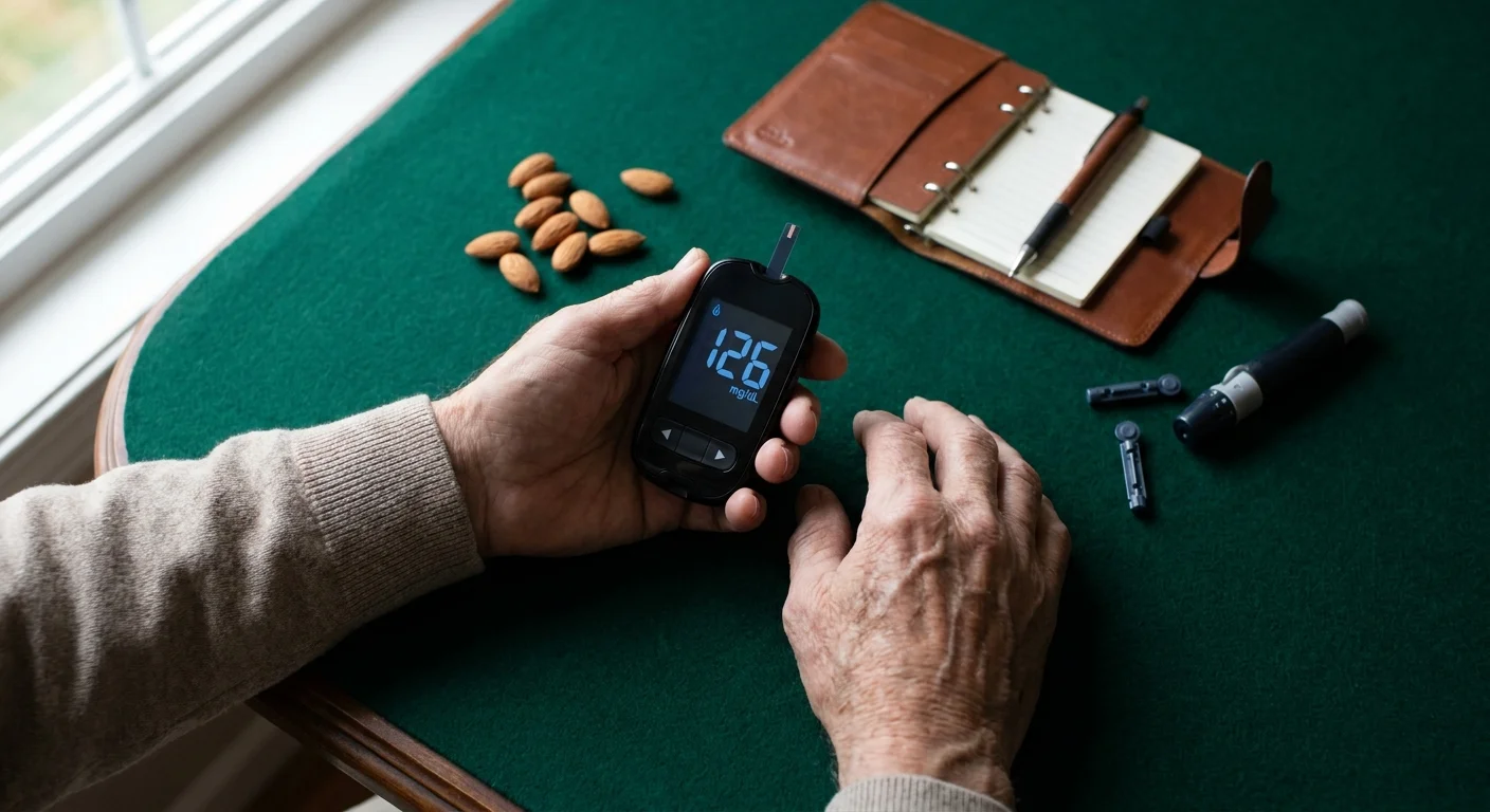 Close-up of a senior's hands holding a blood glucose monitor showing a 126 mg/dL reading on a green felt table.