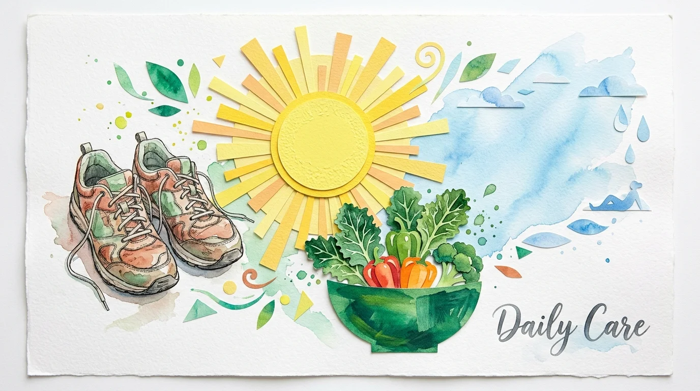 Vibrant mixed media art showing walking shoes, fresh vegetables, and a sun, representing healthy living.