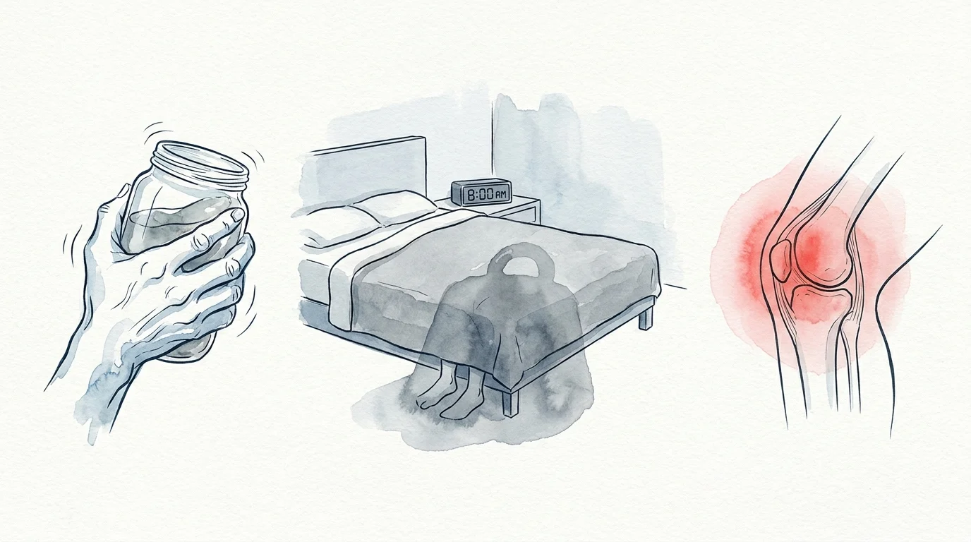 Vignettes of a hand gripping a jar, a morning clock with a heavy shadow on legs, and a red-tinted knee representing arthritis symptoms.