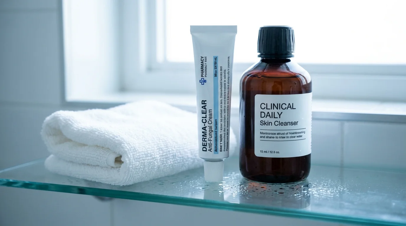 A bathroom shelf with a tube of skin cream and a cleanser, representing the treatment of infections.