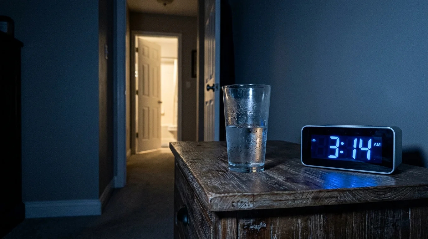 A bedside table at 3:14 AM with a glass of water, symbolizing the frequent nighttime bathroom trips associated with kidney issues.