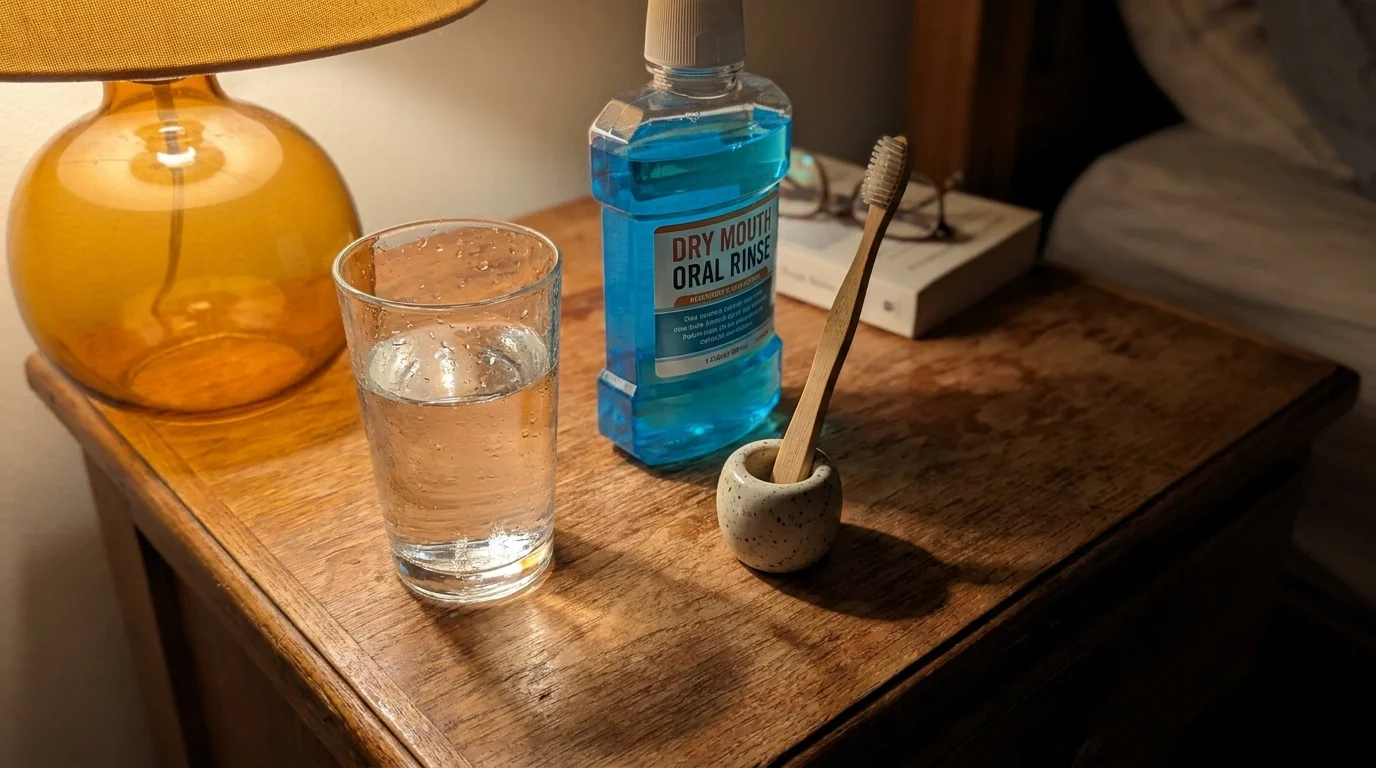 A bedside table with a glass of water and dry mouth oral rinse, lit by a warm lamp.