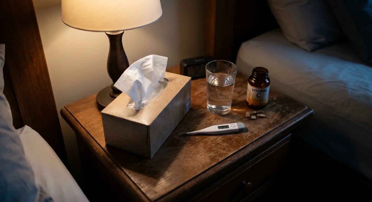 A bedside table with tissues, a thermometer, and a glass of water, suggesting frequent respiratory issues.