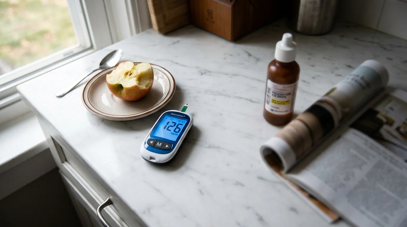 A blood sugar monitor on a kitchen counter with a blurry magazine in the background, representing diet-related vision shifts.