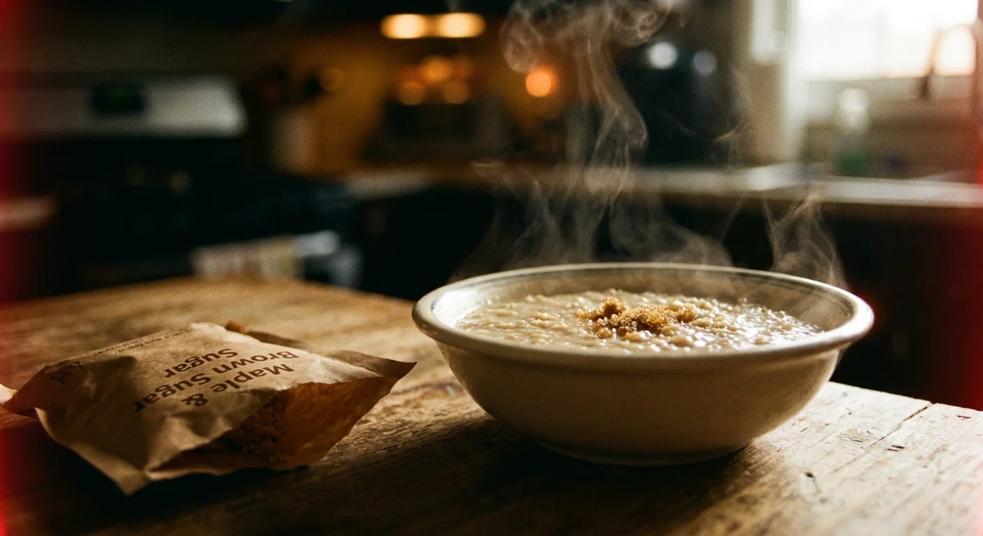 A bowl of instant oatmeal next to a torn 'Maple and Brown Sugar' flavor packet on a wooden table.