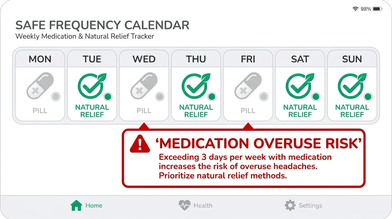A calendar diagram showing the recommended frequency for taking pain relief medication to avoid rebound headaches.