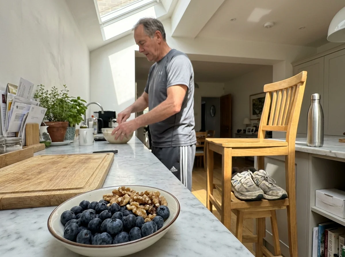 A candid kitchen scene showing fresh berries, walnuts, and a pair of walking shoes.