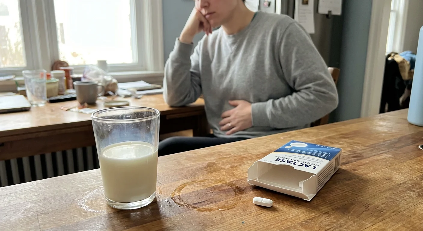 A candid photo of a glass of milk next to a pack of lactase enzyme supplements on a kitchen counter.