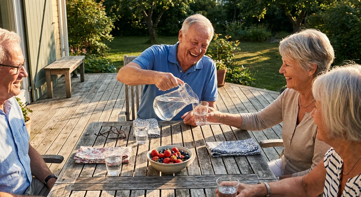 A candid photo of seniors laughing and sharing water at a sunny backyard gathering, highlighting social health.