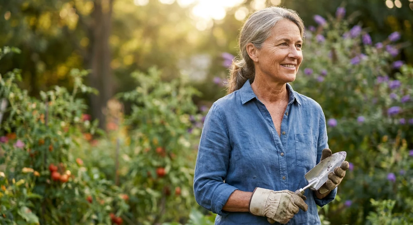 A candid, warm portrait of a smiling woman in her garden, looking healthy and vibrant.