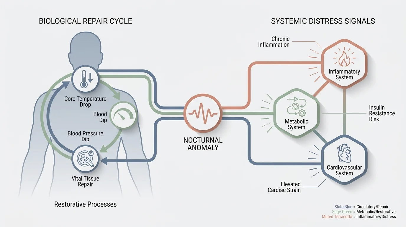 A clean diagram showing the connection between the biological sleep cycle and systemic health systems like cardiovascular and metabolic heal
