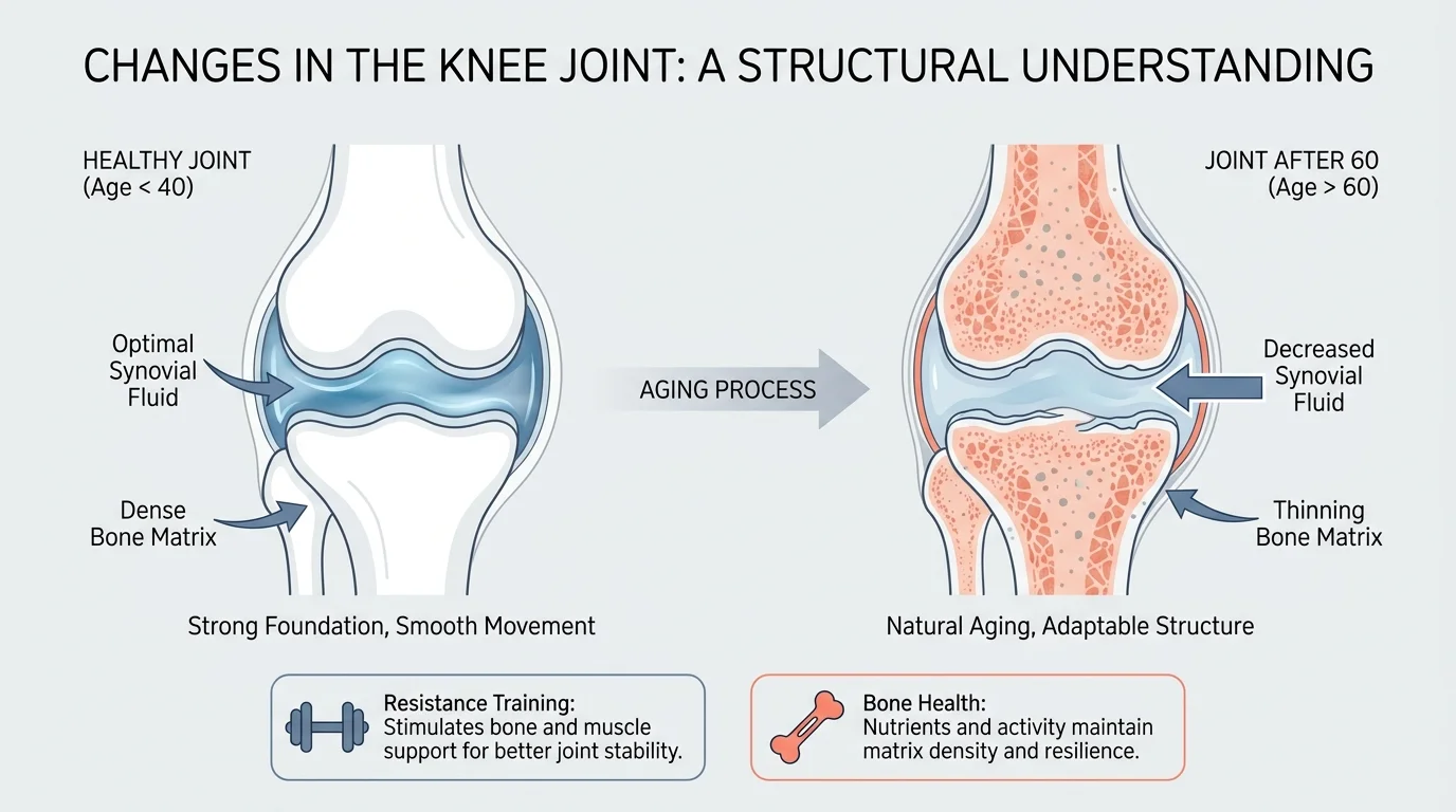 A clean, editorial diagram comparing a healthy joint to one with decreased lubrication and thinning bone.