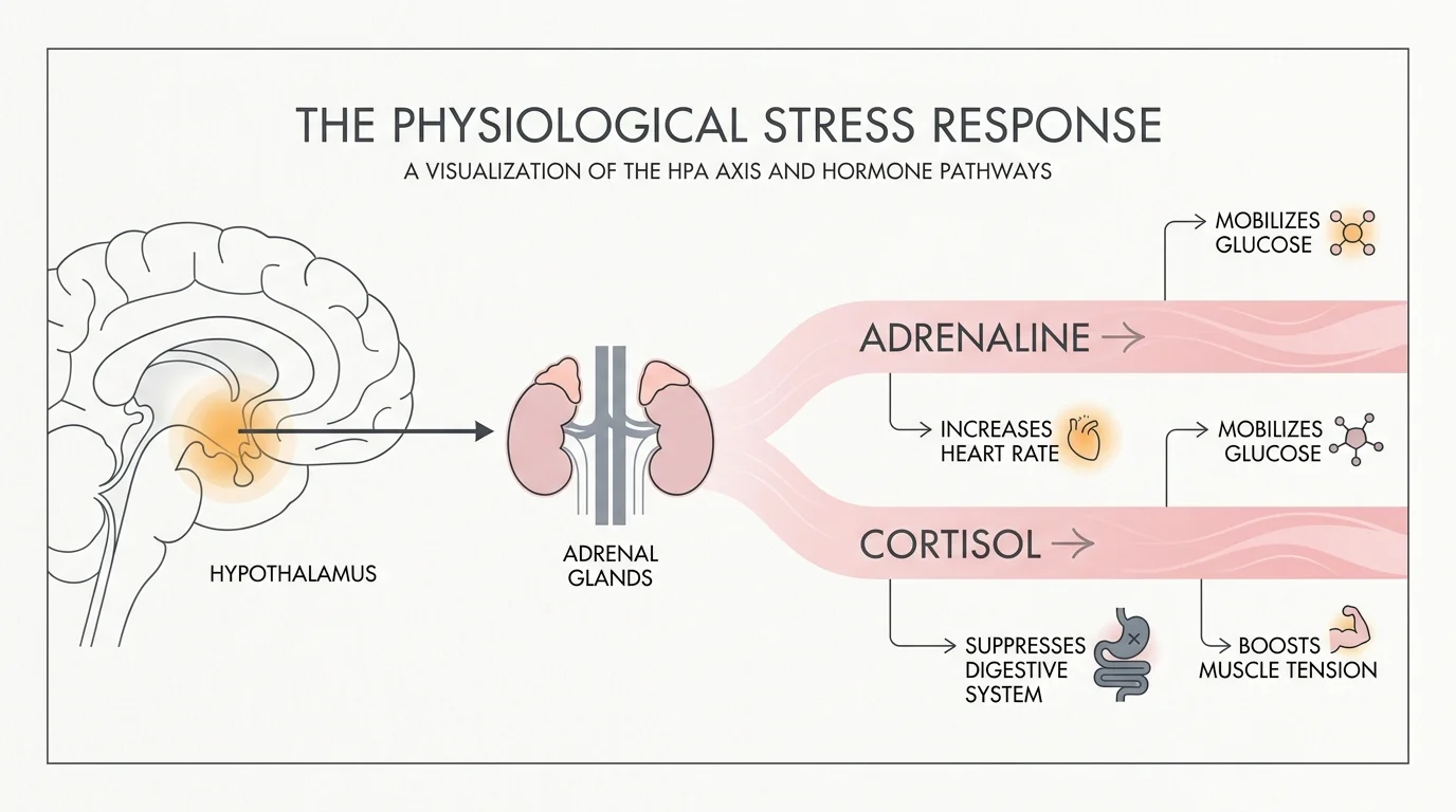 A clean editorial diagram showing the biological path from the hypothalamus to adrenal glands, labeling adrenaline and cortisol.