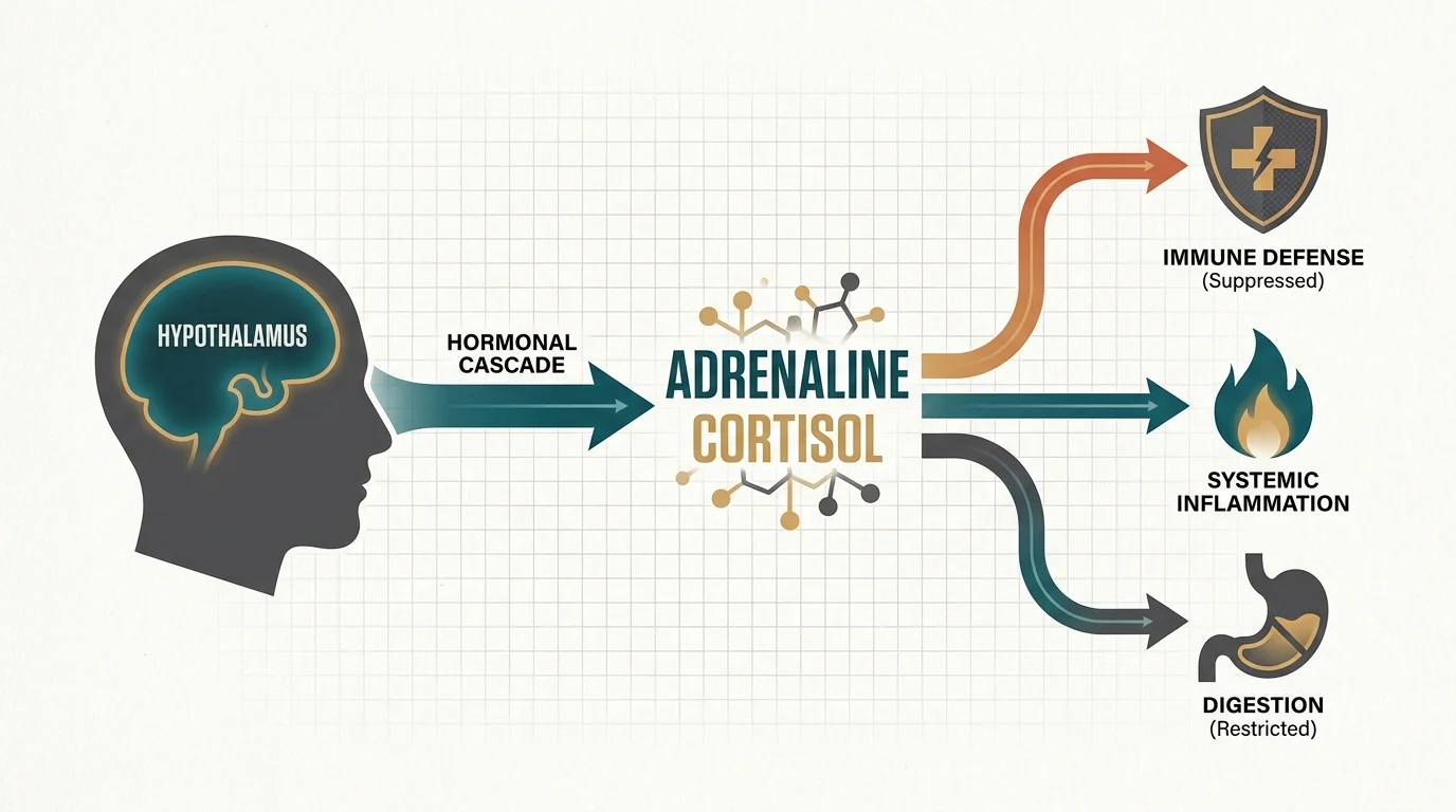 A clean horizontal diagram showing how the hypothalamus triggers adrenaline and cortisol, affecting immune defense and inflammation.