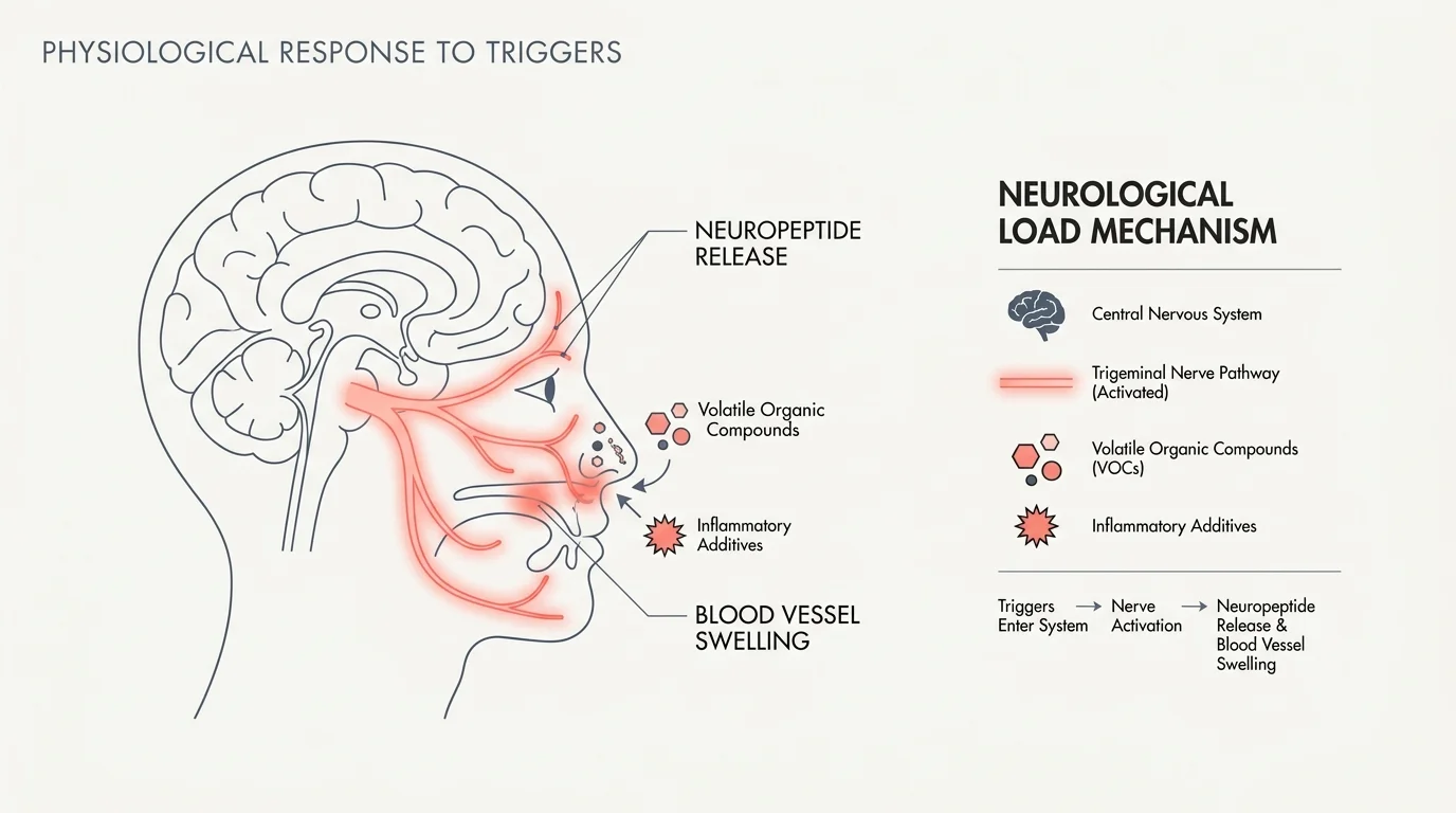 A clean medical diagram showing how the trigeminal nerve reacts to environmental triggers, causing blood vessel swelling and pain.